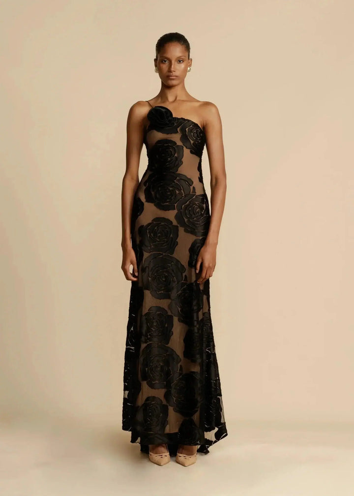 Abendkleider Lang One-Shoulder | Maxikleid Damen Schwarz Bodenlang Formal | Hochzeitsgast Kleid Bodenlang Spitze