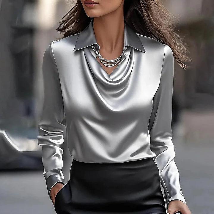 Seidenbluse Damen Elegant V-Ausschnitt | Satinbluse Damen Büro Glänzend | Damen Bluse Festlich Schimmer