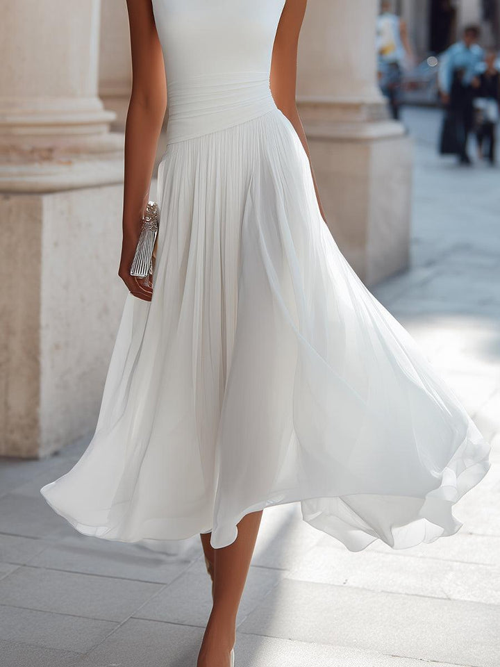 Abendkleid Midi Elegant | Hochzeitskleid mit Drapierausschnitt | Festkleid Ärmellos