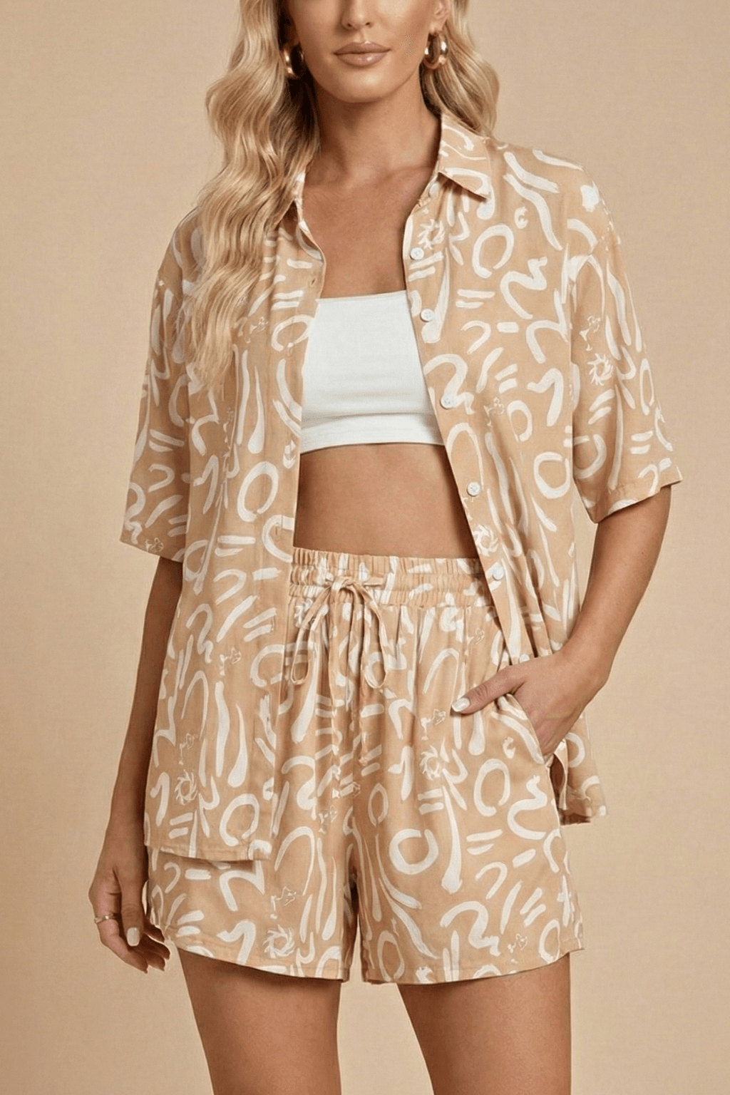 Twinset Damen Sommer | Hemd und Shorts Set Bedruckt | Strand Co-Ord Set Relaxed Fit