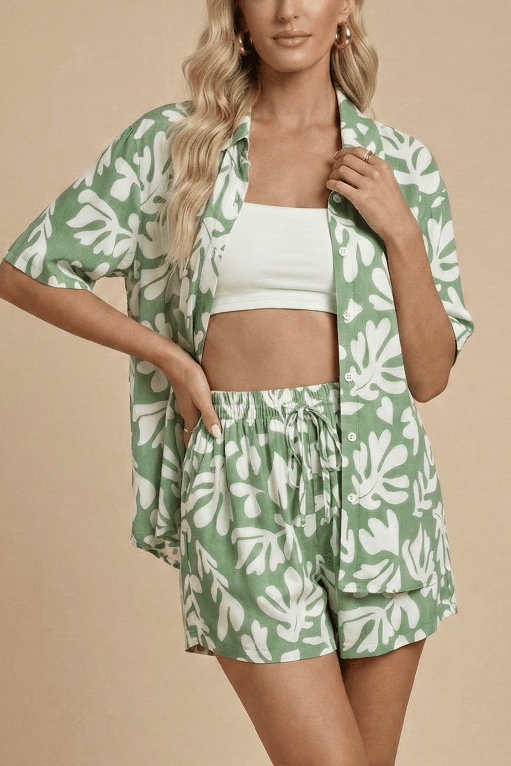 Twinset Damen Sommer | Hemd und Shorts Set Bedruckt | Strand Co-Ord Set Relaxed Fit
