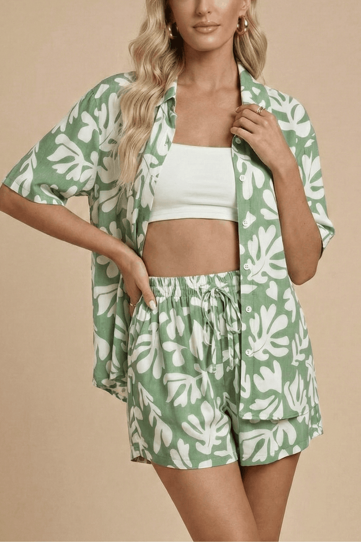 Twinset Damen Sommer | Hemd und Shorts Set Bedruckt | Strand Co-Ord Set Relaxed Fit