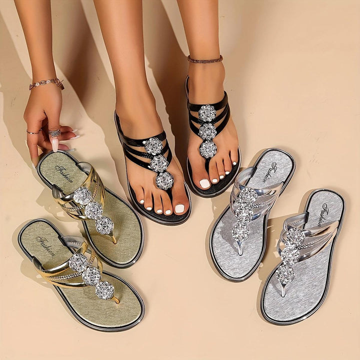 Sandalen Damen Flach Glitzer | Strass Verstellbar Elegant | Sommersandalen Gepolstert Komfort