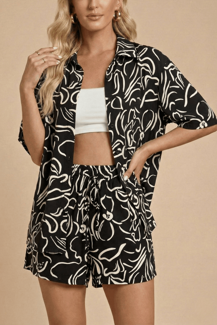 Twinset Damen Sommer | Hemd und Shorts Set Bedruckt | Strand Co-Ord Set Relaxed Fit