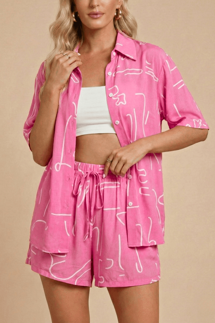 Twinset Damen Sommer | Hemd und Shorts Set Bedruckt | Strand Co-Ord Set Relaxed Fit