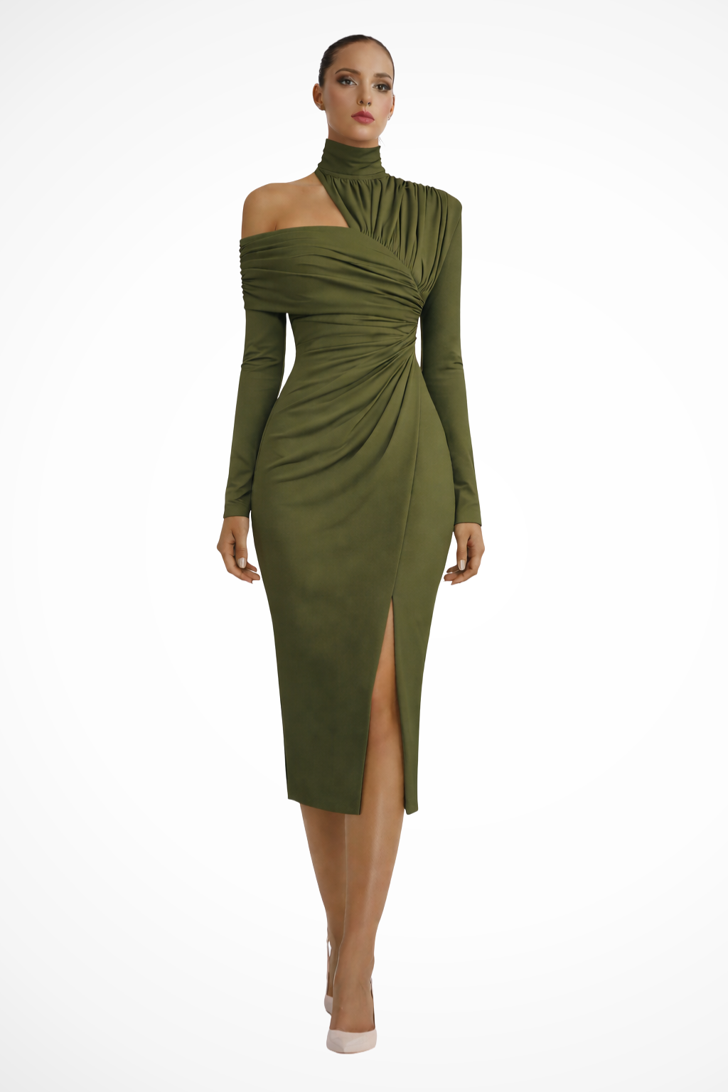 Midikleid Damen One Shoulder | Asymmetrisch Drapiert Langarm | Hochzeitsgast Kleid Elegant