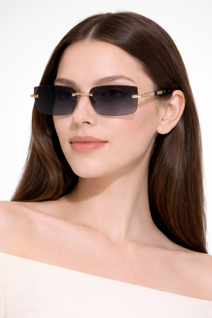 Rahmenlose Sonnenbrille Damen | Rechteckige Sonnenbrille Metall | UV Schutz Brille Damen Schlank
