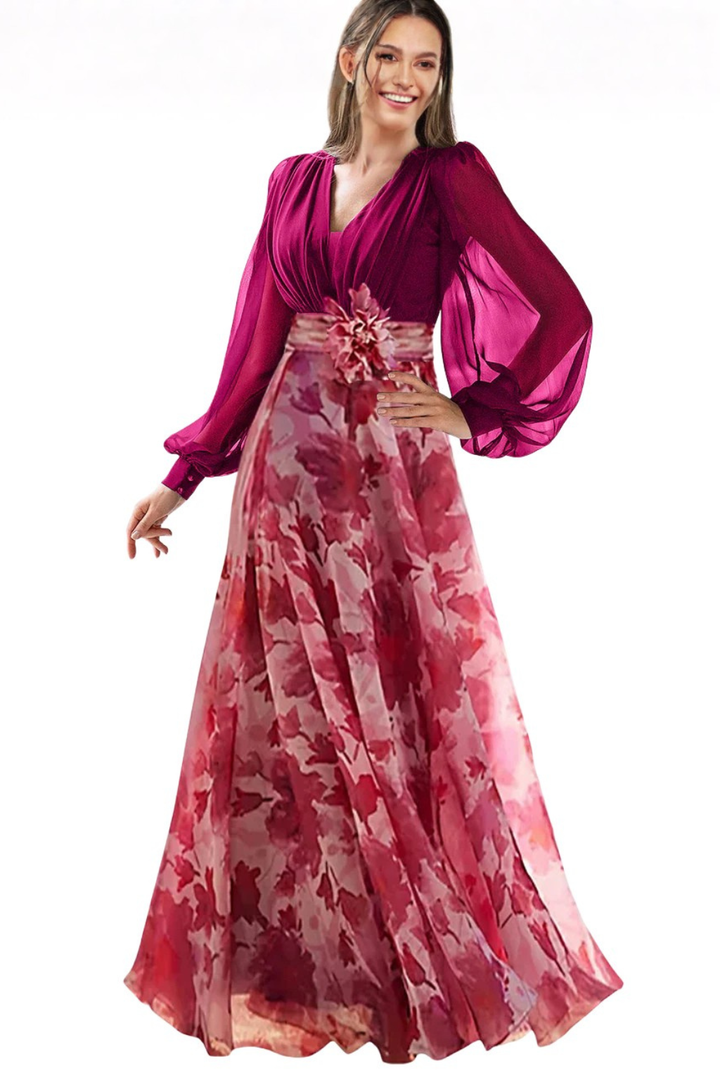 Abendkleider Damen Lang | Kleider Damen Blumenprint Ballonärmel | Maxikleid Hochzeitsgast V-Ausschnitt