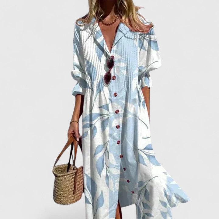 Sommerkleider Damen Blumendruck Midi Knopf | Hemdblusenkleid Damen Sommer Lässig | Freizeitkleid Damen V-Ausschnitt