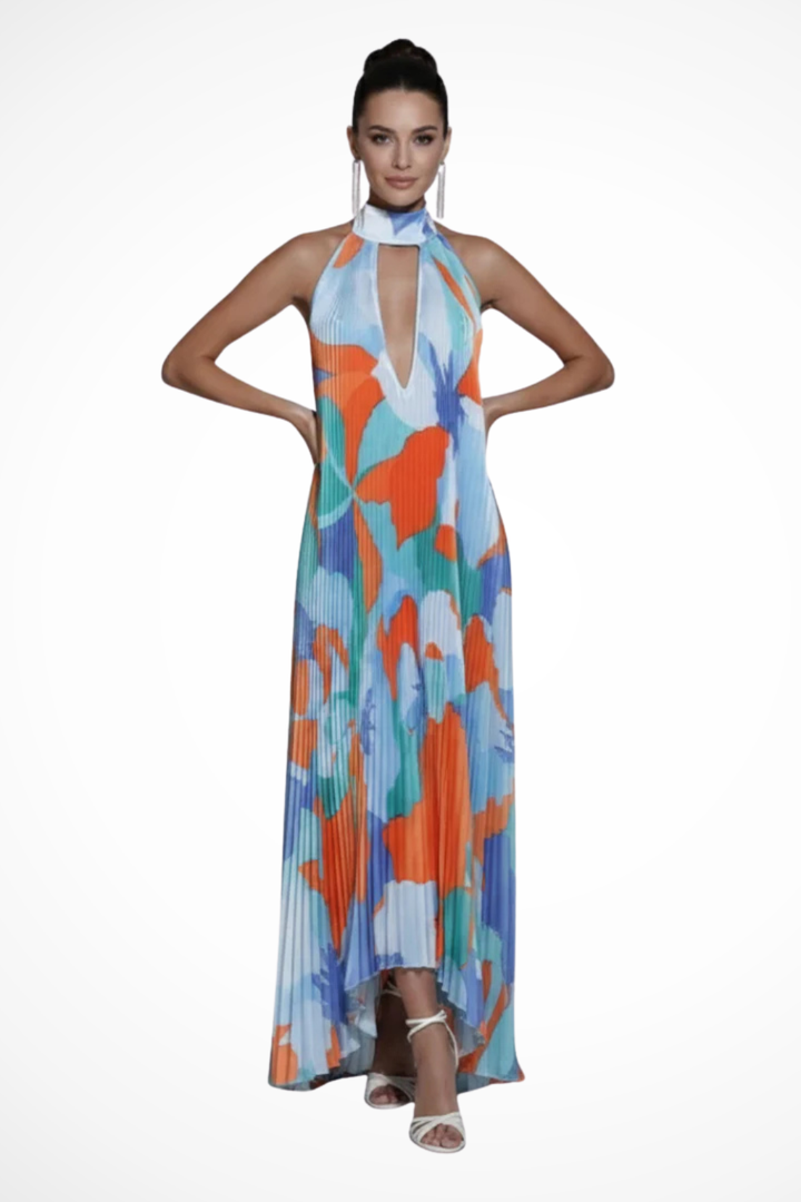 Maxikleid Damen Halter Bunt | Gefaltet Schlüsselloch Print | Hochzeitsgast Kleid Sommer