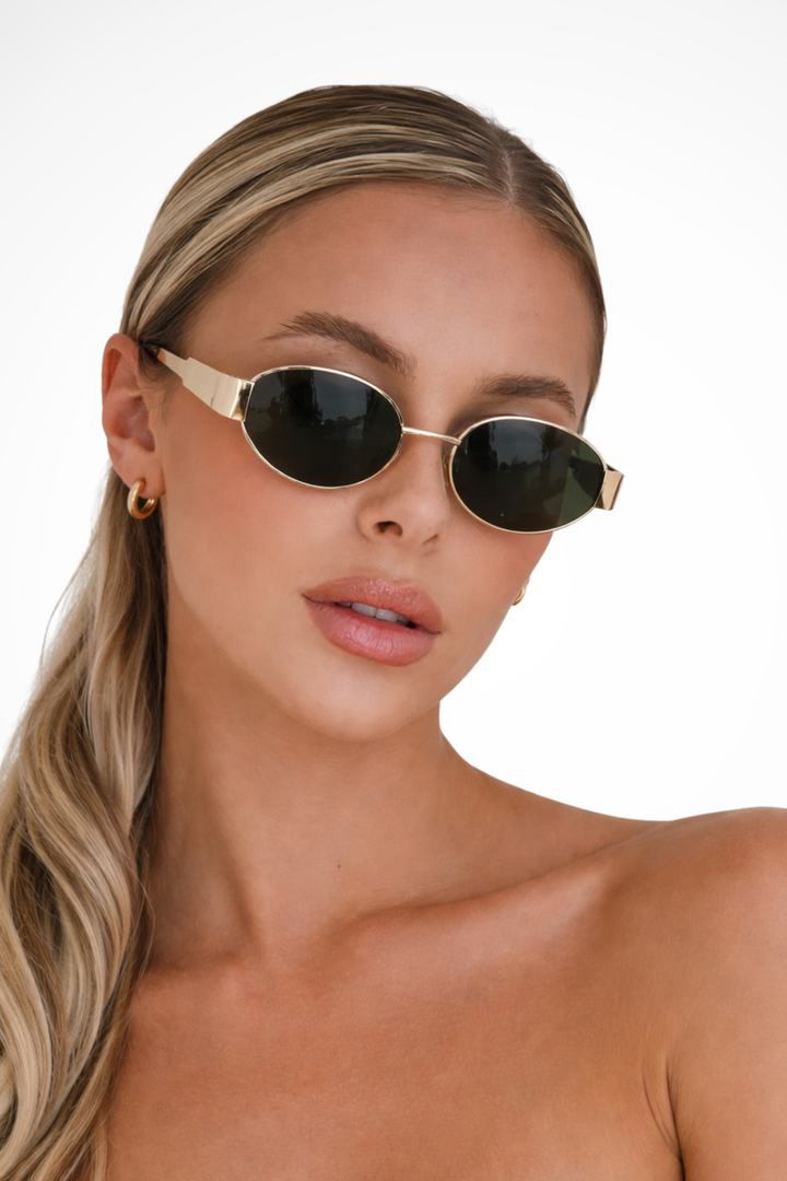 Sonnenbrille Damen Oval Metall | Schlank Dünn Getönt | Minimalistisch Sommer Eleganz