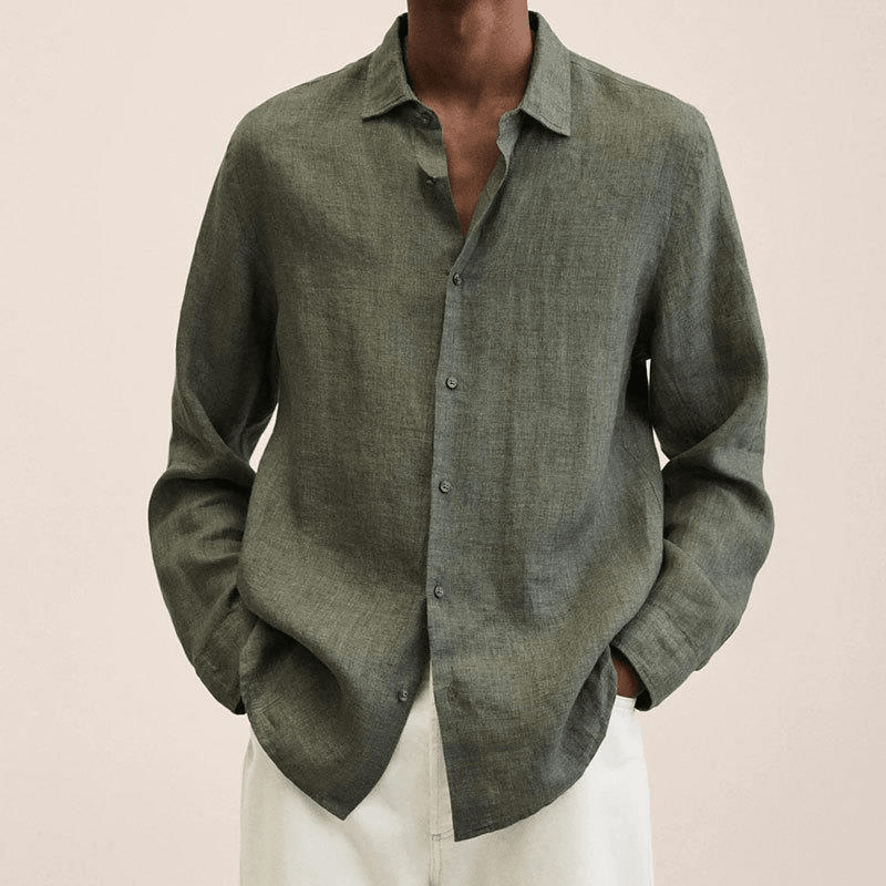 Hemd Herren Leinen Langarm | Männer Knopfhemd Haifischkragen | Elegantes Freizeithemd Locker