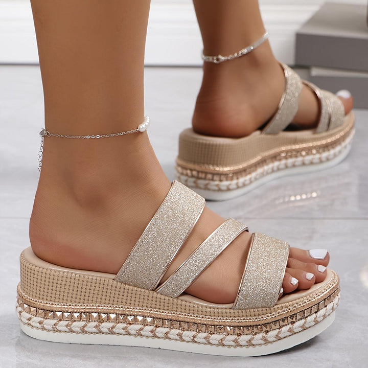 Mules Damen Gold Glitzer | Plateau Sandalen Metallic | Elegante Sommerschuhe Orthopädisch