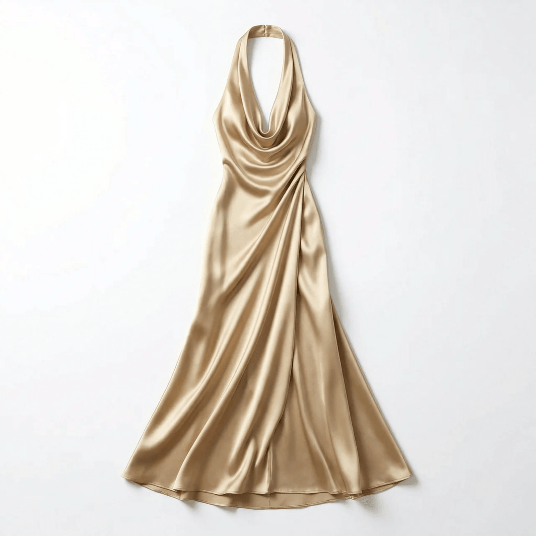 Abendkleid Damen Maxi Satin | Halter Neck Bodenlang Gold | Festkleid Gala Elegant
