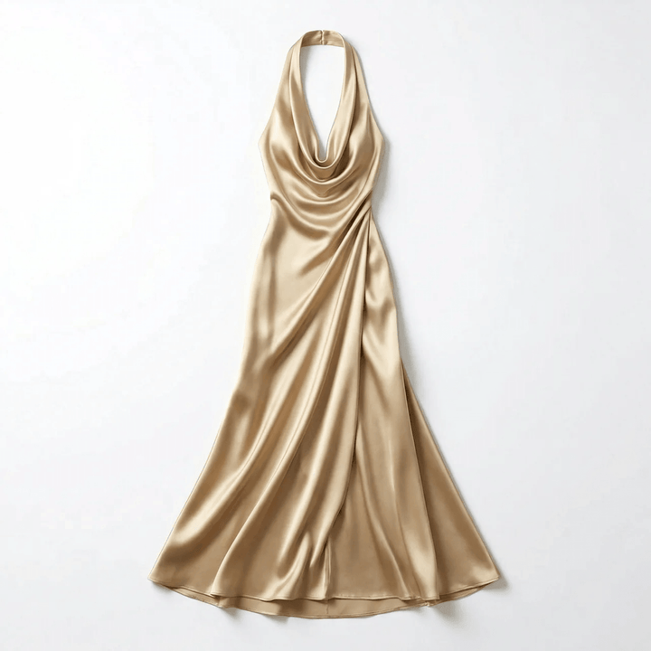 Abendkleid Damen Maxi Satin | Halter Neck Bodenlang Gold | Festkleid Gala Elegant