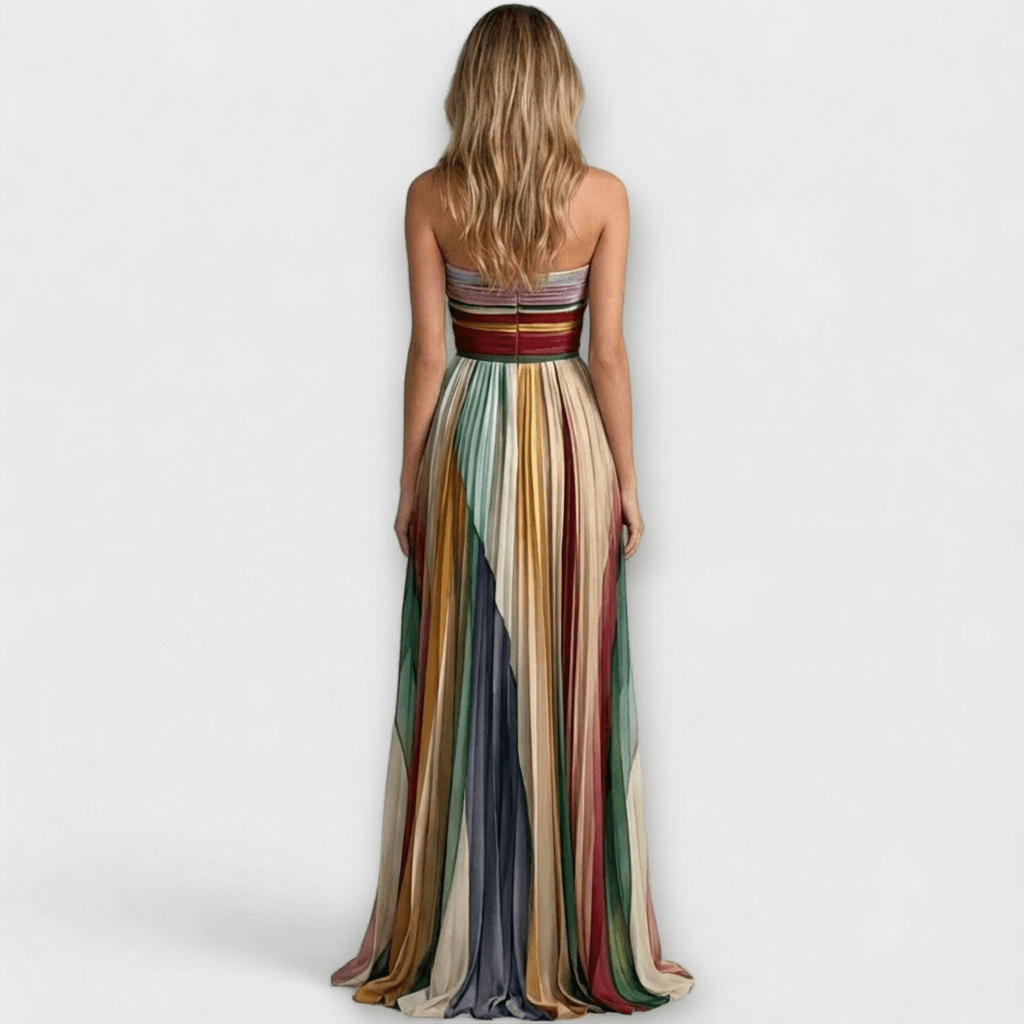 Maxikleid Hochzeitsgast Bunt | Damen Abendkleid Trägerlos | Plisseekleid Regenbogen Elegant