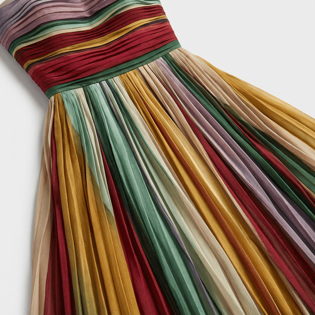 Maxikleid Hochzeitsgast Bunt | Damen Abendkleid Trägerlos | Plisseekleid Regenbogen Elegant