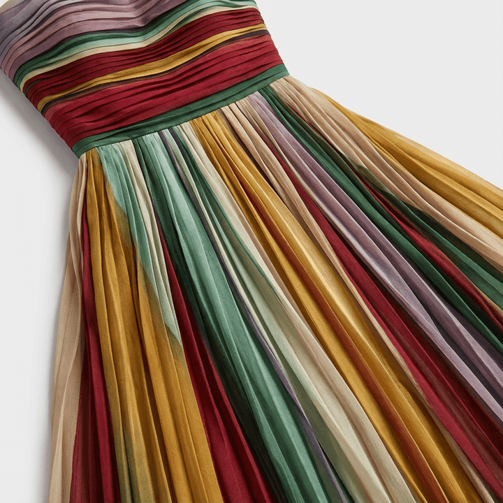 Maxikleid Hochzeitsgast Bunt | Damen Abendkleid Trägerlos | Plisseekleid Regenbogen Elegant
