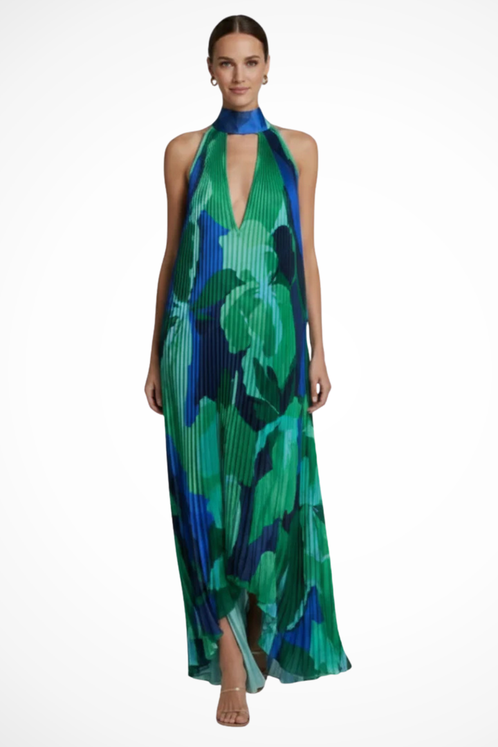 Maxikleid Damen Halter Bunt | Gefaltet Schlüsselloch Print | Hochzeitsgast Kleid Sommer