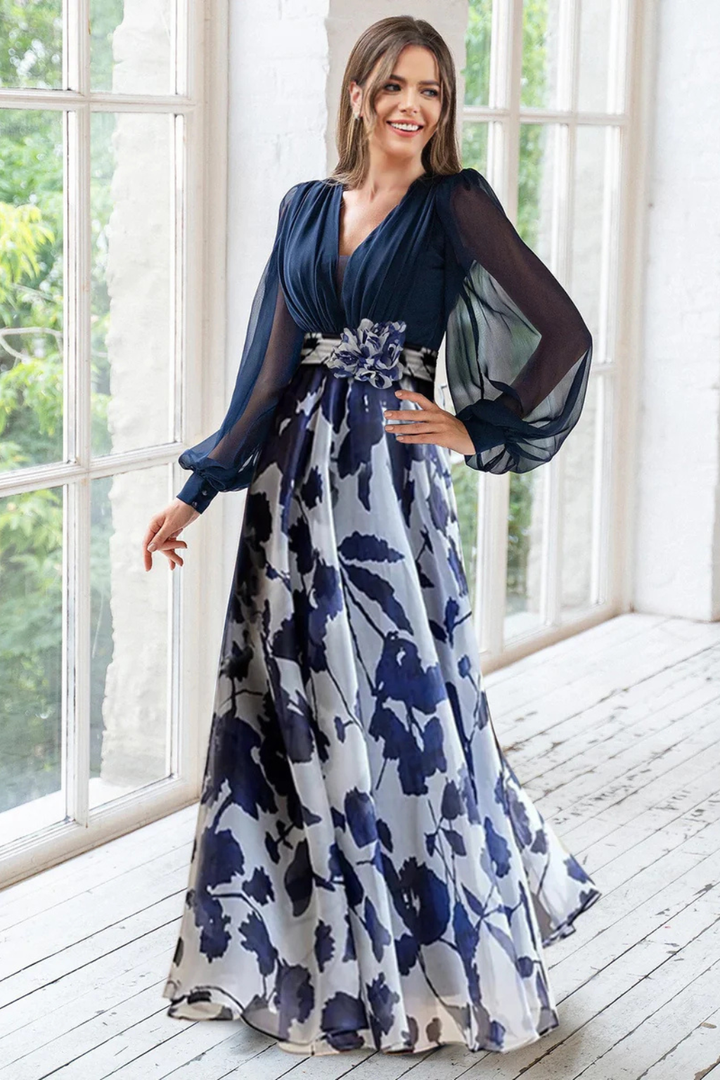 Abendkleider Damen Lang | Kleider Damen Blumenprint Ballonärmel | Maxikleid Hochzeitsgast V-Ausschnitt
