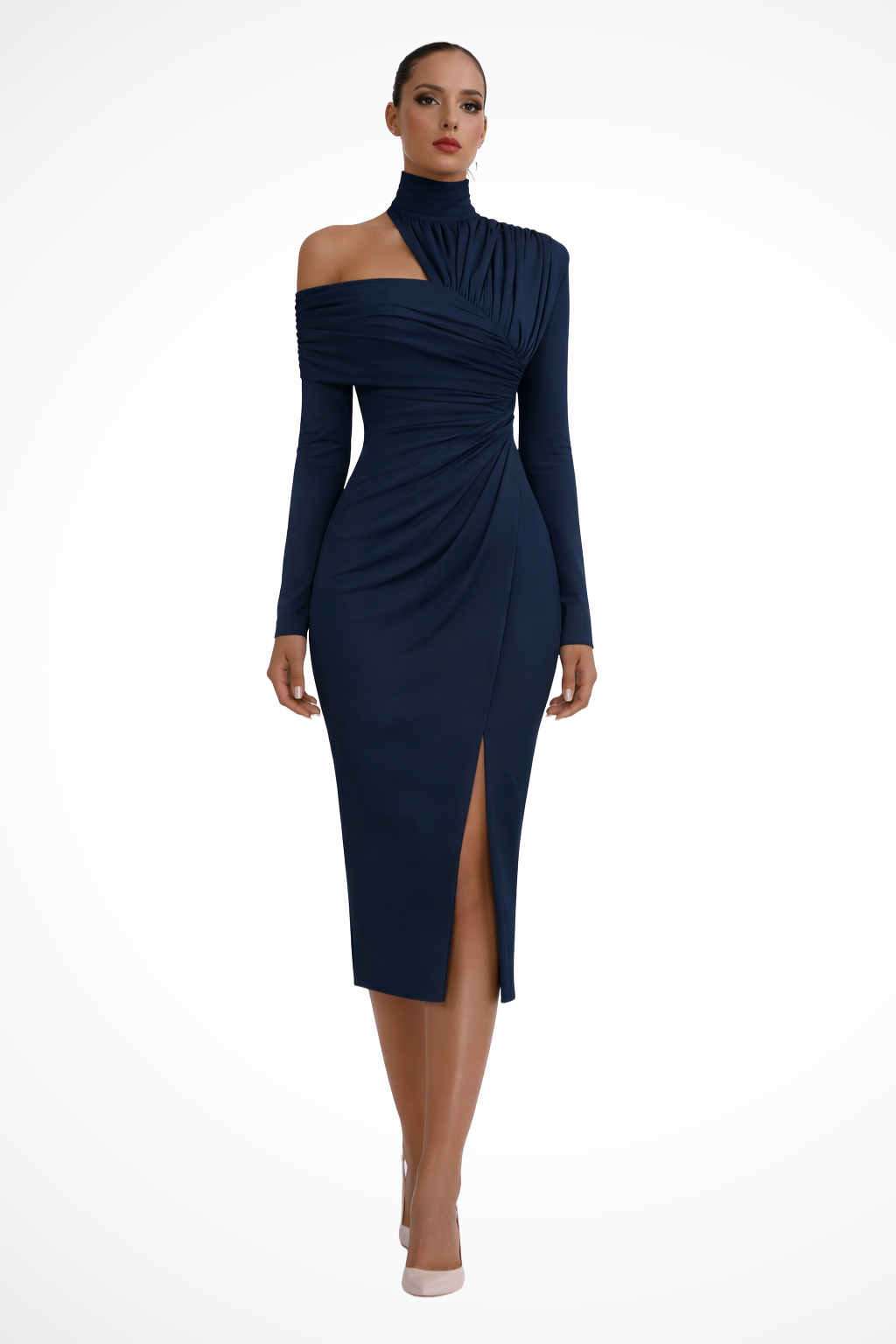 Midikleid Damen One Shoulder | Asymmetrisch Drapiert Langarm | Hochzeitsgast Kleid Elegant