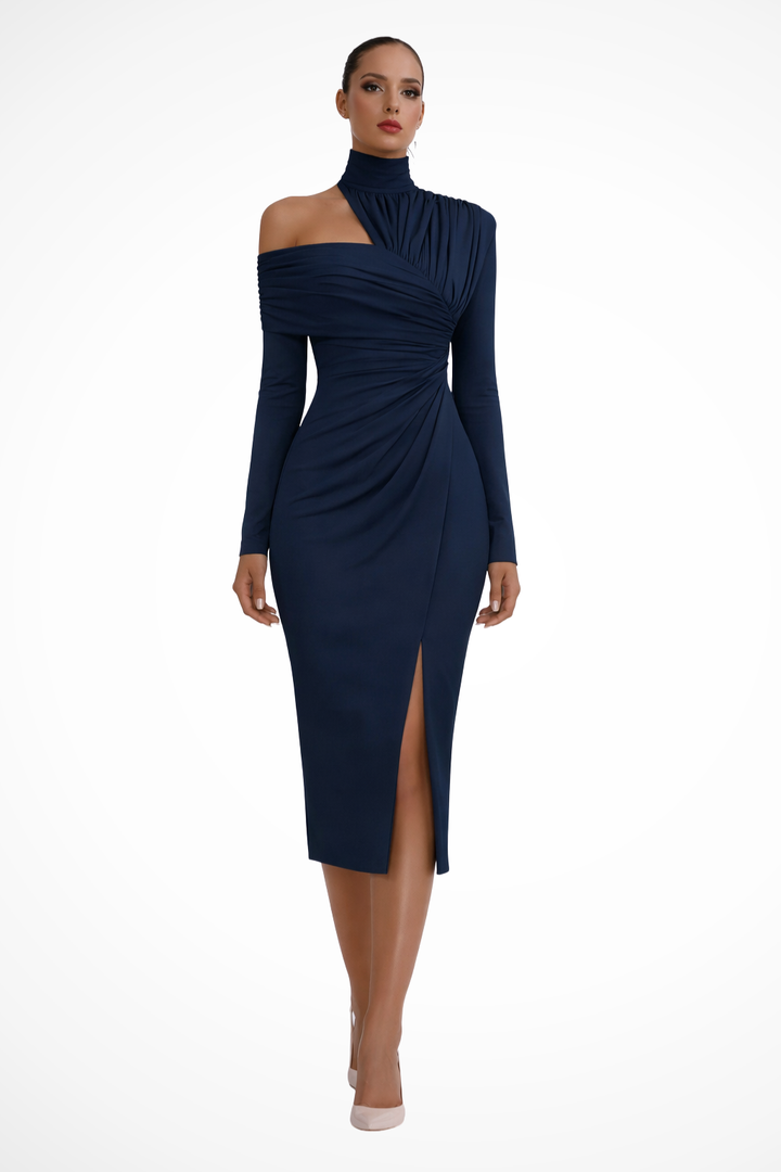 Midikleid Damen One Shoulder | Asymmetrisch Drapiert Langarm | Hochzeitsgast Kleid Elegant