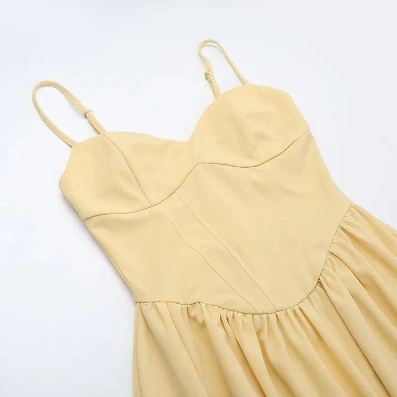 Kleid A Linie Damen Gelb | Korsettkleid Damen Midi Herzausschnitt | Hochzeitsgast Kleid Damen Taschen