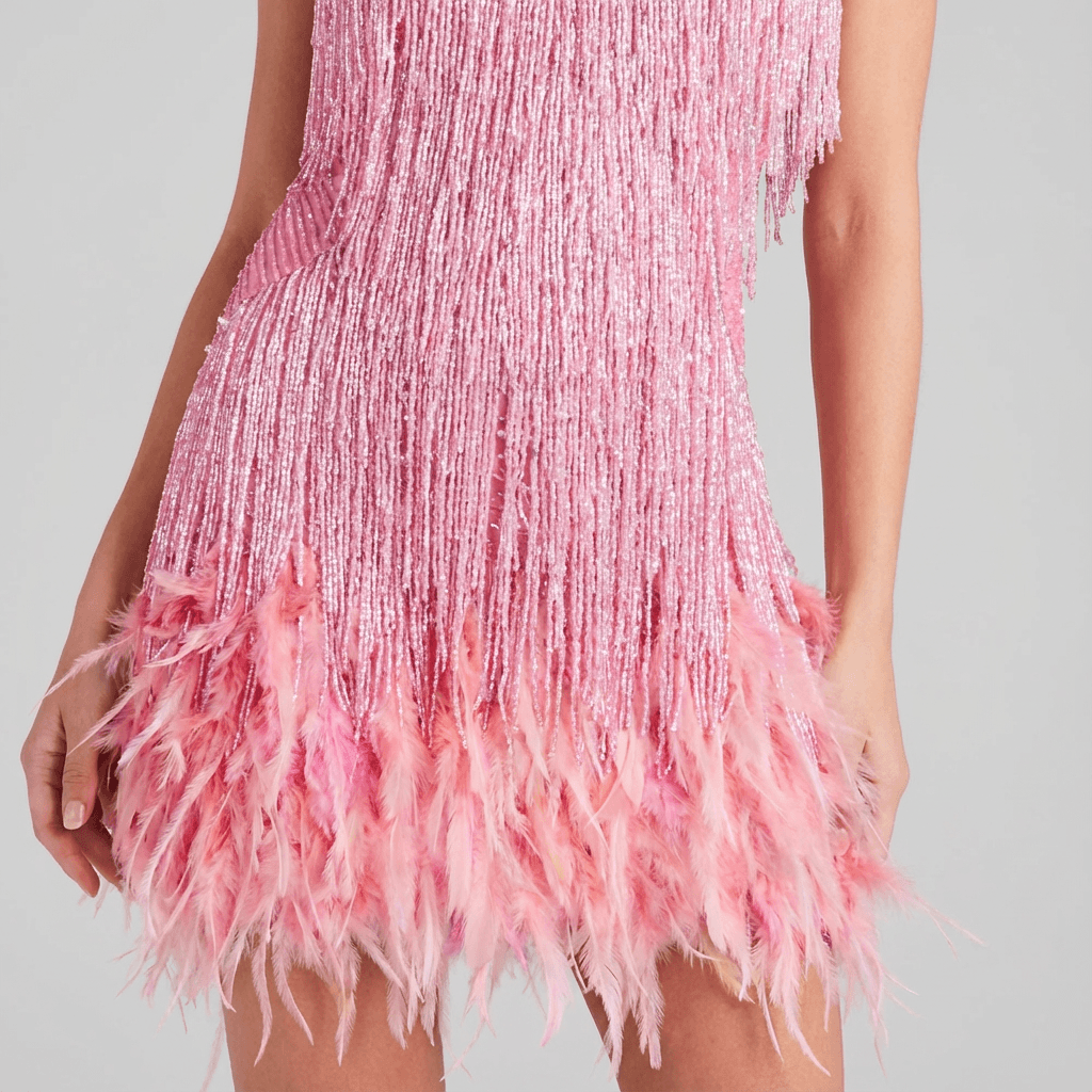 Paillettenkleid Damen Mini | Federn Fransen Spaghettiträger | Partykleid Glitzer Abendkleid