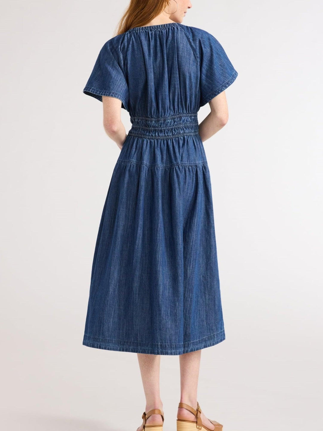 Jeanskleid Damen Midi Gestuft | V-Ausschnitt Taschen Elastisch | Denimkleid Sommer Casual