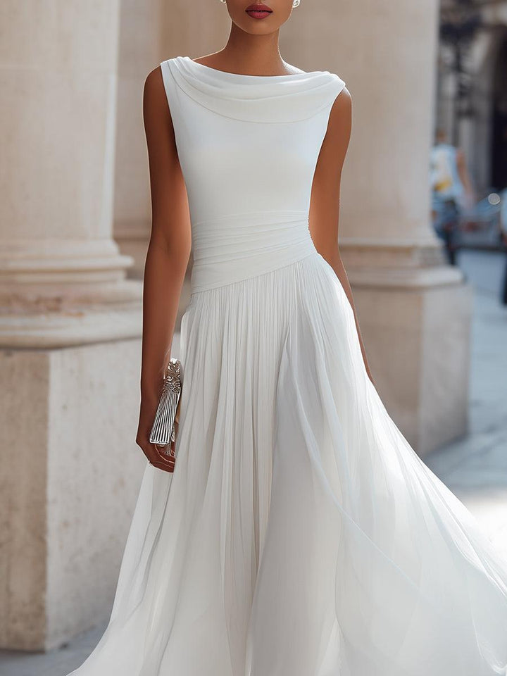 Abendkleid Midi Elegant | Hochzeitskleid mit Drapierausschnitt | Festkleid Ärmellos