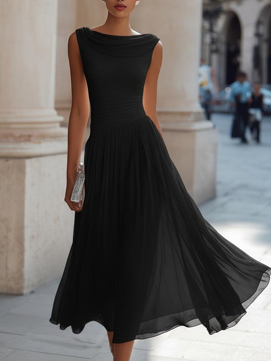 Abendkleid Midi Elegant | Hochzeitskleid mit Drapierausschnitt | Festkleid Ärmellos