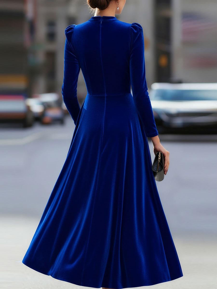 Samtkleid Damen Midi Langarm | Abendkleid Elegant Taillierte | Festliches Kleid Rundhals