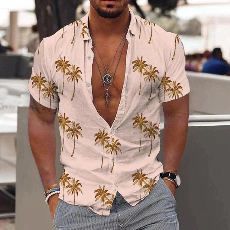 Herrenhemd Hawaii Palmen | Tropischer Print Kurzarm Umlegekragen | Sommerhemd Casual Urlaub