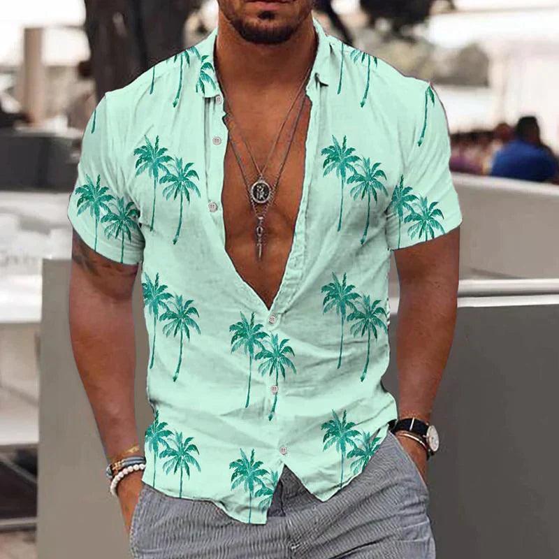 Herrenhemd Hawaii Palmen | Tropischer Print Kurzarm Umlegekragen | Sommerhemd Casual Urlaub