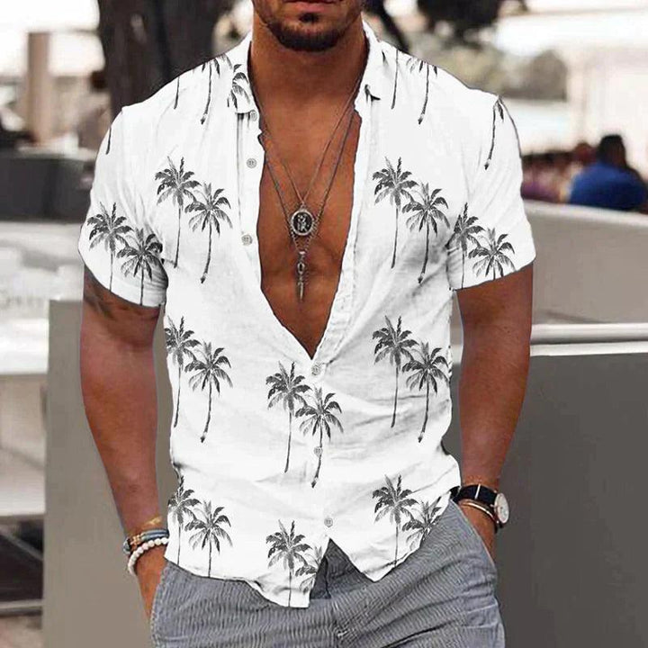 Herrenhemd Hawaii Palmen | Tropischer Print Kurzarm Umlegekragen | Sommerhemd Casual Urlaub
