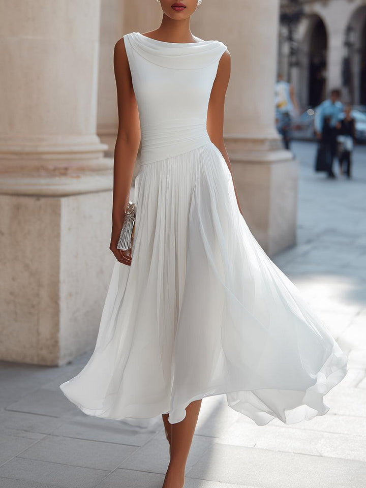 Abendkleid Midi Elegant | Hochzeitskleid mit Drapierausschnitt | Festkleid Ärmellos