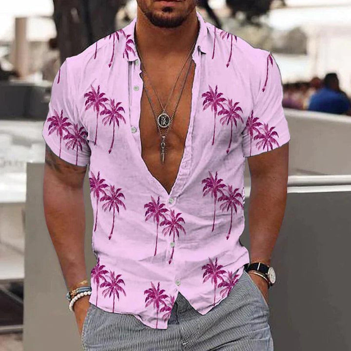 Herrenhemd Hawaii Palmen | Tropischer Print Kurzarm Umlegekragen | Sommerhemd Casual Urlaub