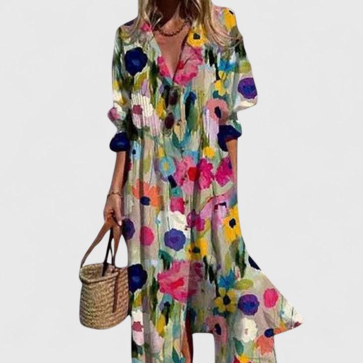 Sommerkleider Damen Blumendruck Midi Knopf | Hemdblusenkleid Damen Sommer Lässig | Freizeitkleid Damen V-Ausschnitt