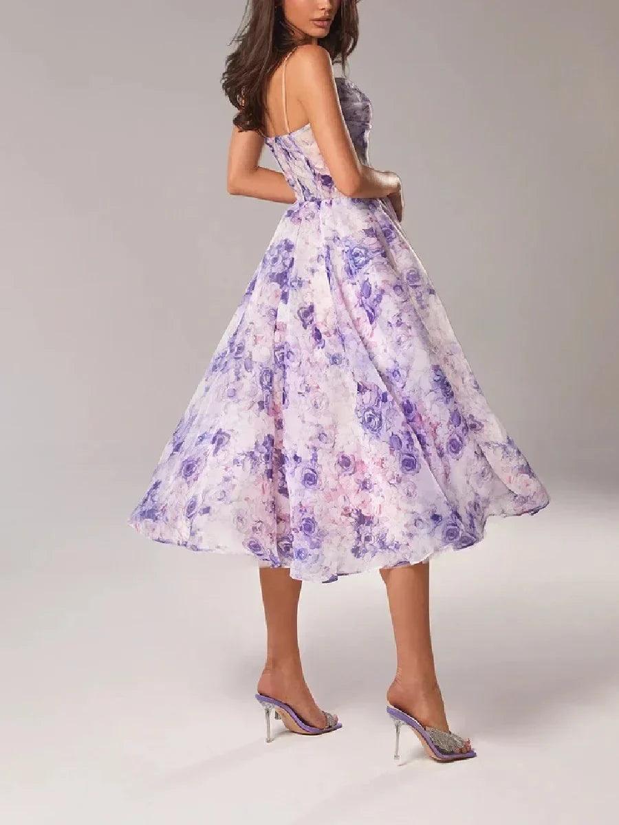 Midikleid Damen Blumen Trägerlos | Festliches Kleid Damen Voller Rock | Partykleid Damen Strukturiert