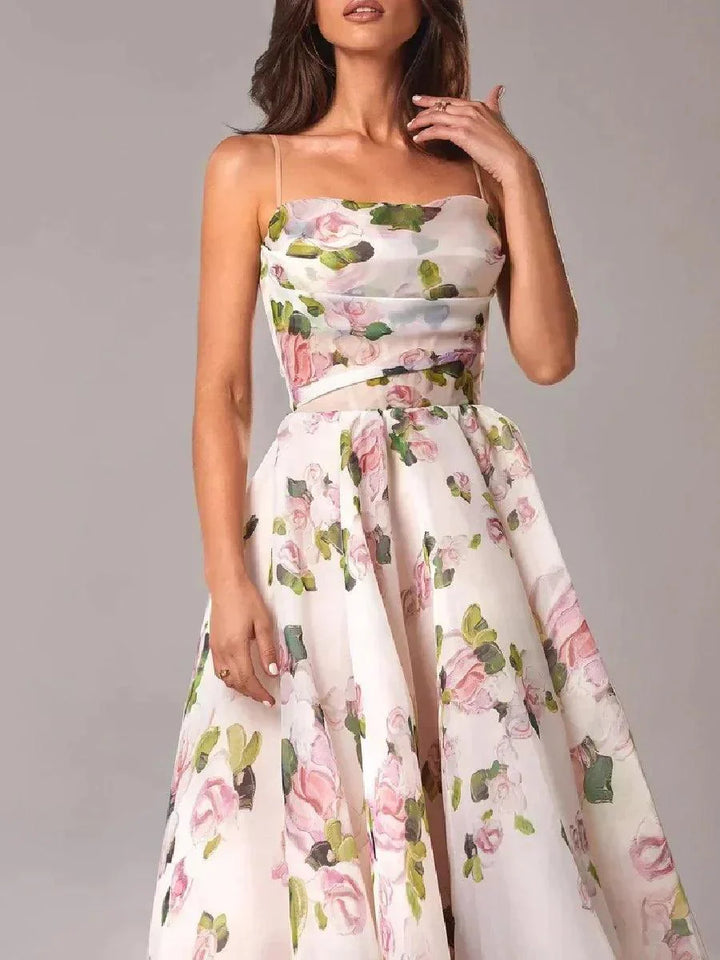 Midikleid Damen Blumen Trägerlos | Festliches Kleid Damen Voller Rock | Partykleid Damen Strukturiert