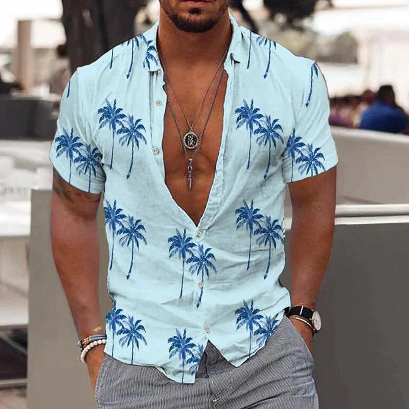 Herrenhemd Hawaii Palmen | Tropischer Print Kurzarm Umlegekragen | Sommerhemd Casual Urlaub