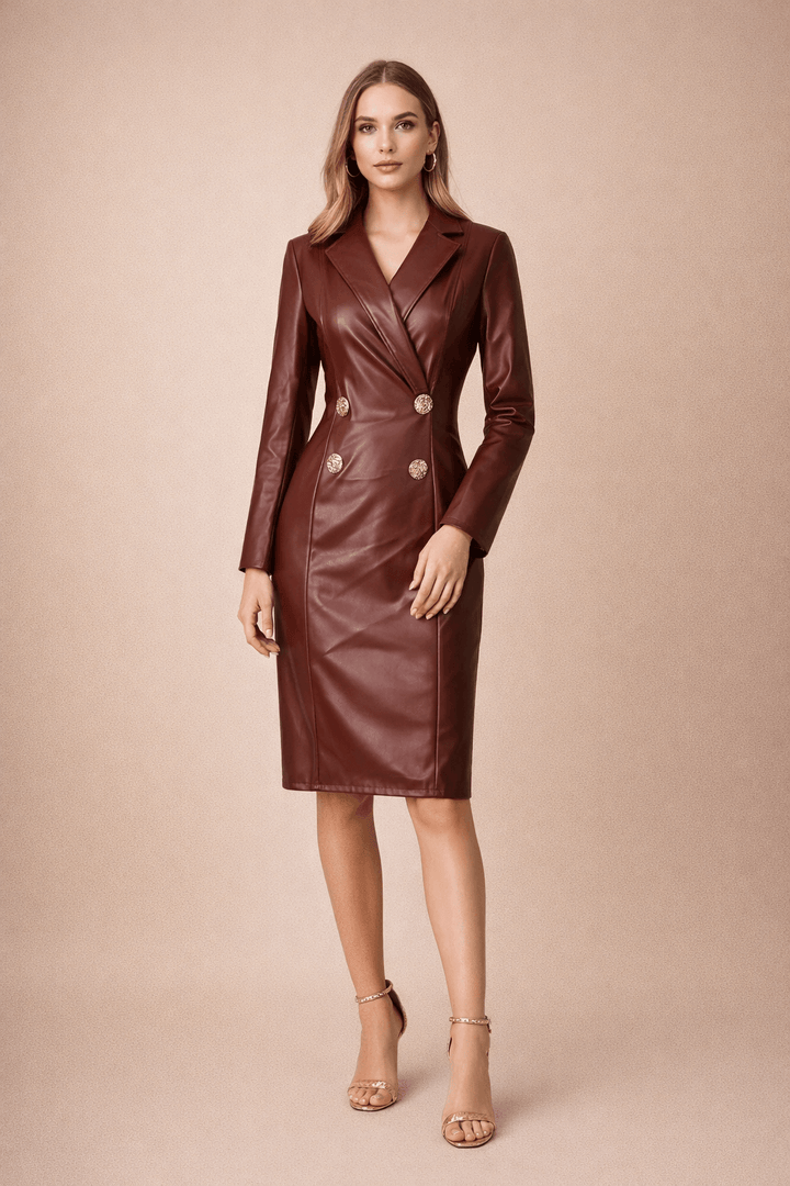 Blazerkleid Damen Kunstleder Midi | Kunstleder Kleid Damen Zweireiher | Bodycon Kleid Damen Leder Elegant