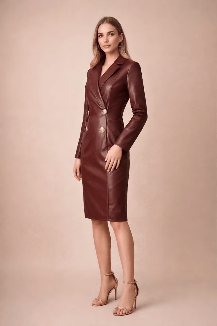 Blazerkleid Damen Kunstleder Midi | Kunstleder Kleid Damen Zweireiher | Bodycon Kleid Damen Leder Elegant