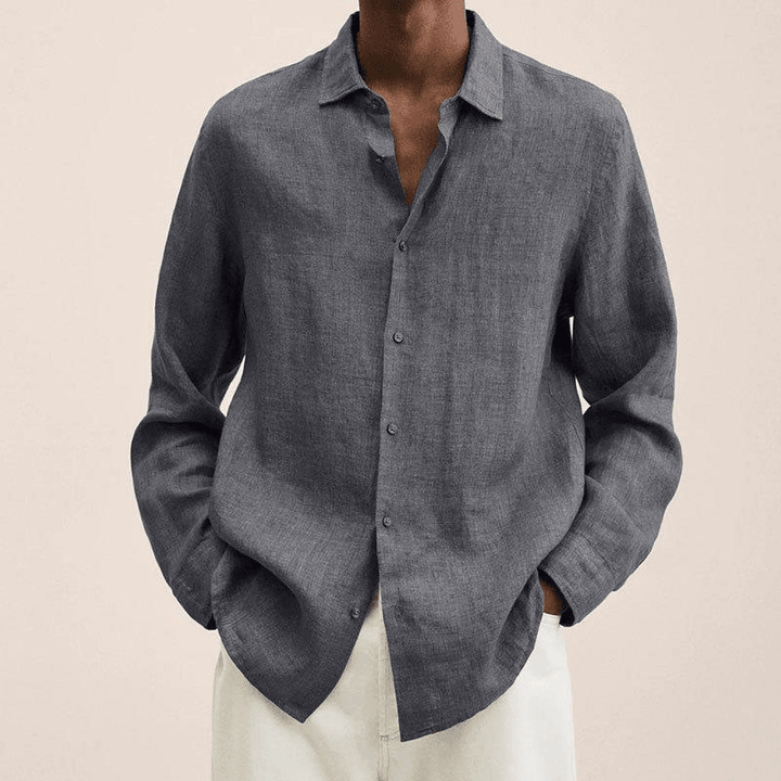 Hemd Herren Leinen Langarm | Männer Knopfhemd Haifischkragen | Elegantes Freizeithemd Locker