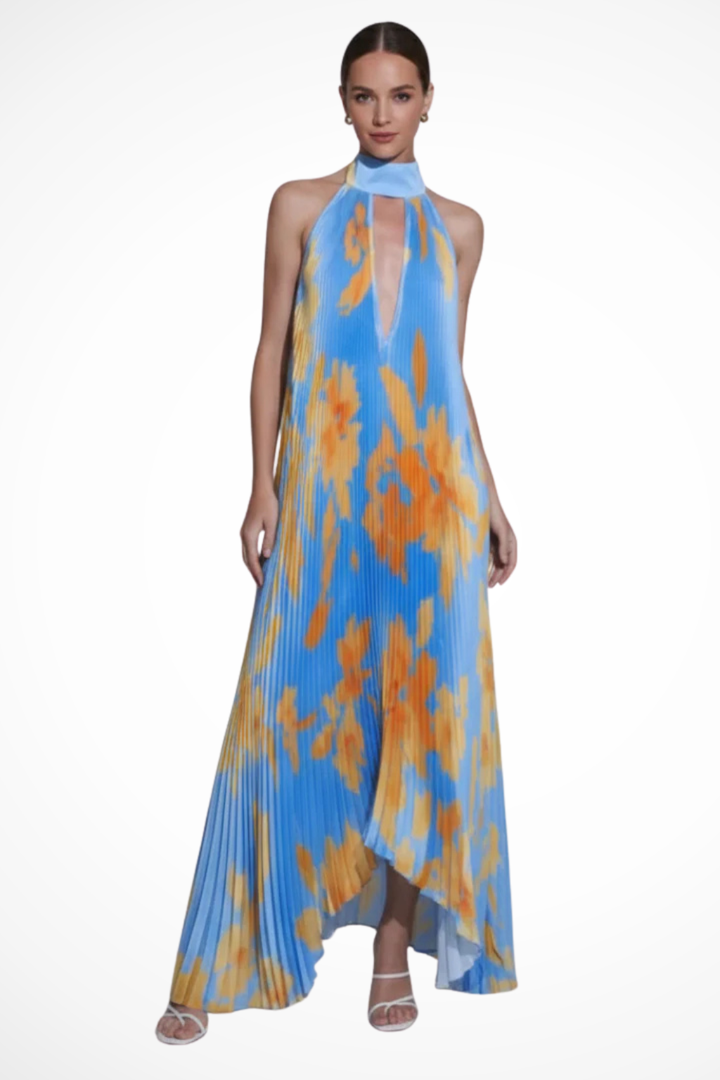 Maxikleid Damen Halter Bunt | Gefaltet Schlüsselloch Print | Hochzeitsgast Kleid Sommer