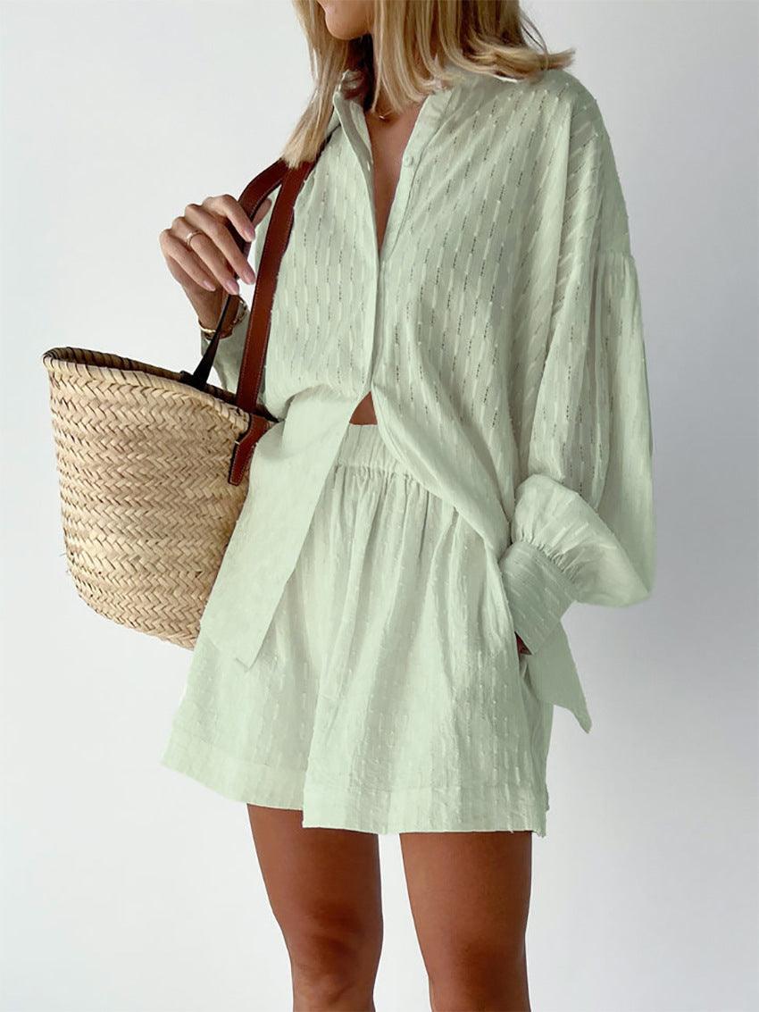 Sommerset Damen Zweiteiler | Strandtunika Damen Langarm Shorts | Loungewear Damen Lochstoff Sommer