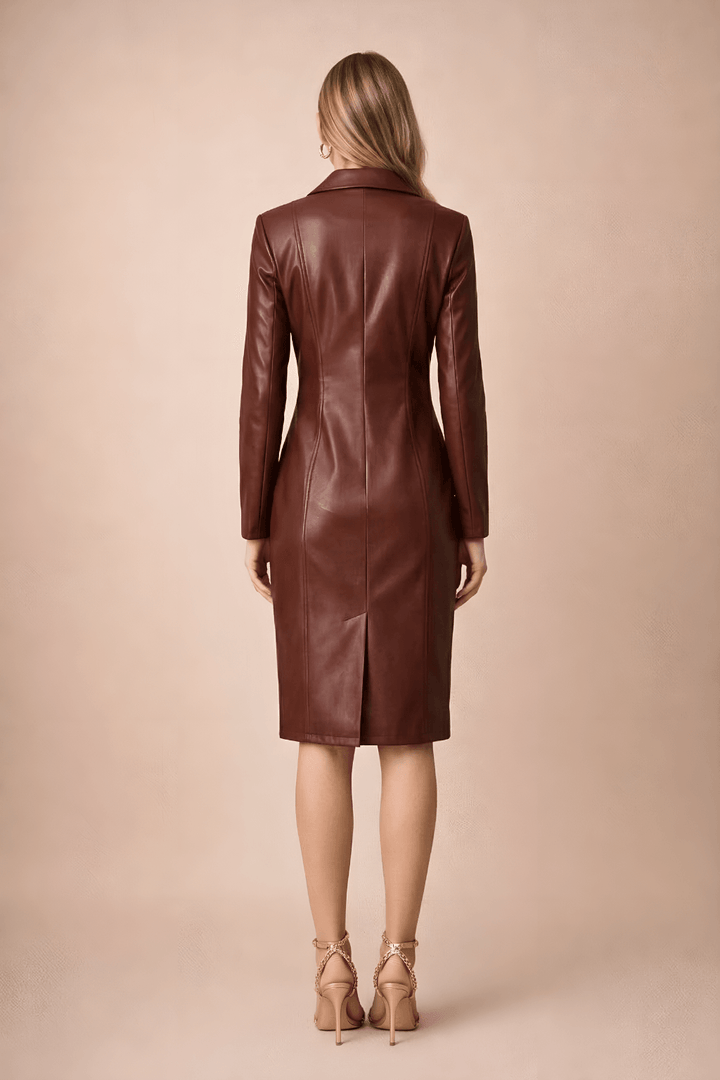 Blazerkleid Damen Kunstleder Midi | Kunstleder Kleid Damen Zweireiher | Bodycon Kleid Damen Leder Elegant