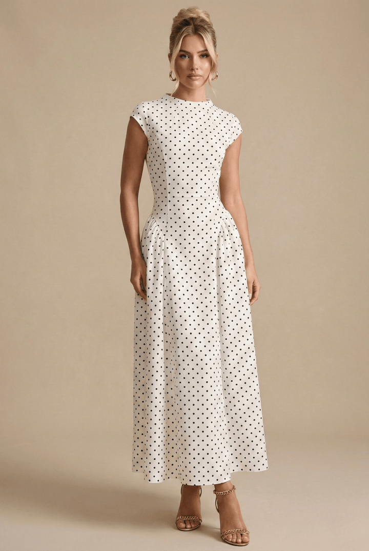 Punktekleid Damen Maxi | Maxikleid Damen Capärmel Stehkragen | Hochzeitsgast Kleid Damen Plissiert