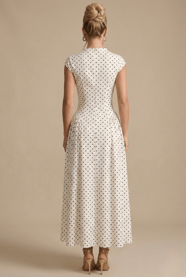 Punktekleid Damen Maxi | Maxikleid Damen Capärmel Stehkragen | Hochzeitsgast Kleid Damen Plissiert