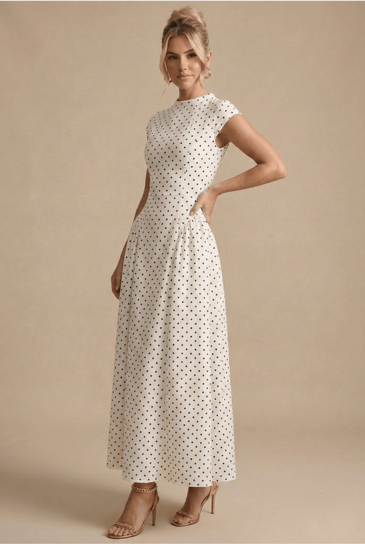 Punktekleid Damen Maxi | Maxikleid Damen Capärmel Stehkragen | Hochzeitsgast Kleid Damen Plissiert